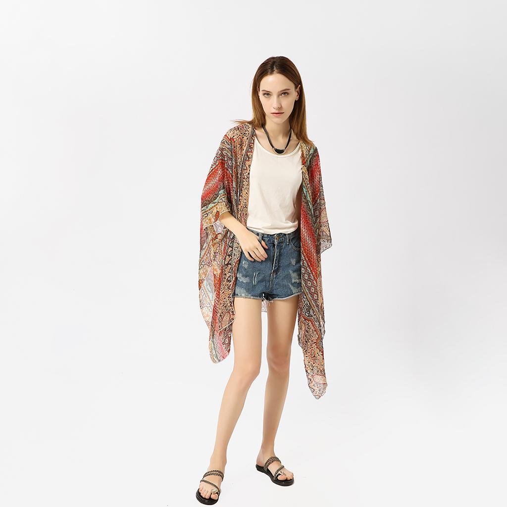 Women's Summer Long Flowy Kimono Cardigans Boho Chiffon Floral Beach Cover Up Tops