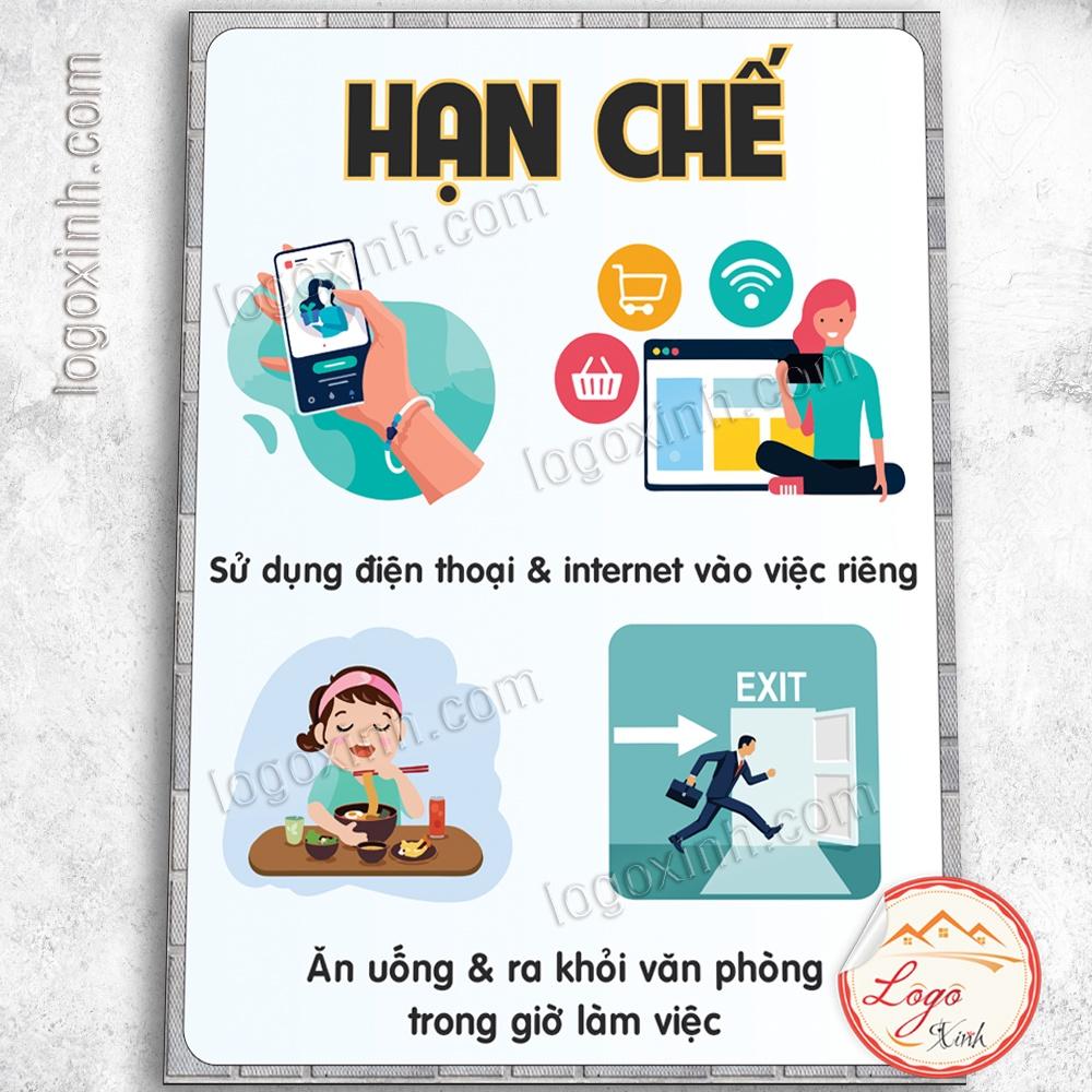 LOGO TEM STICKER NHẮC NHỞ NHỮNG VIỆC HẠN CHẾ TRONG GIỜ LÀM VIỆC NƠI CÔNG SỞ, QUY TRÌNH QUY CHẾ VÀ NỘI QUY TRONG CÔNG TY