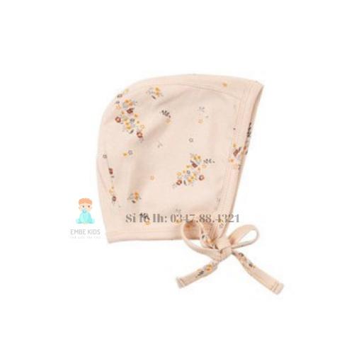 Mũ sơ sinh buộc dây siêu xinh cotton organic Minoo Hoạ tiết hoa nhí xuất Hàn (Hàng Chính Hãng 100% )