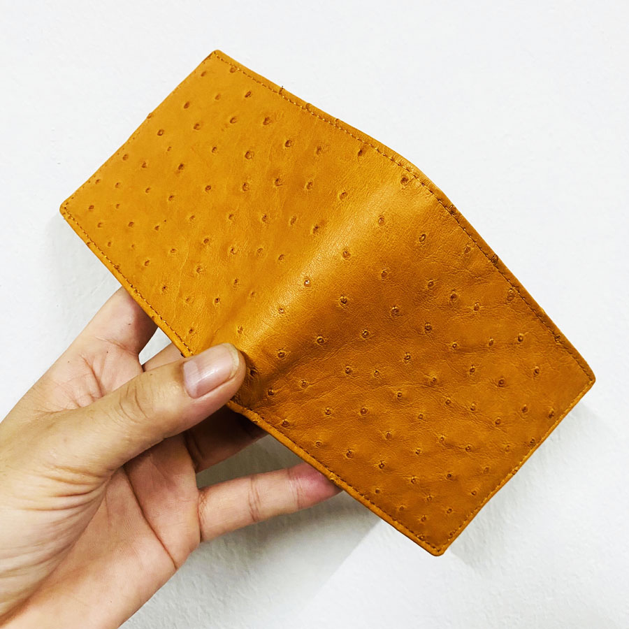 Hàng cao cấp Ví nam da bụng đà điểu, bóp nam chất liệu da bụng da đà điểu thật cao cấp màu vàng