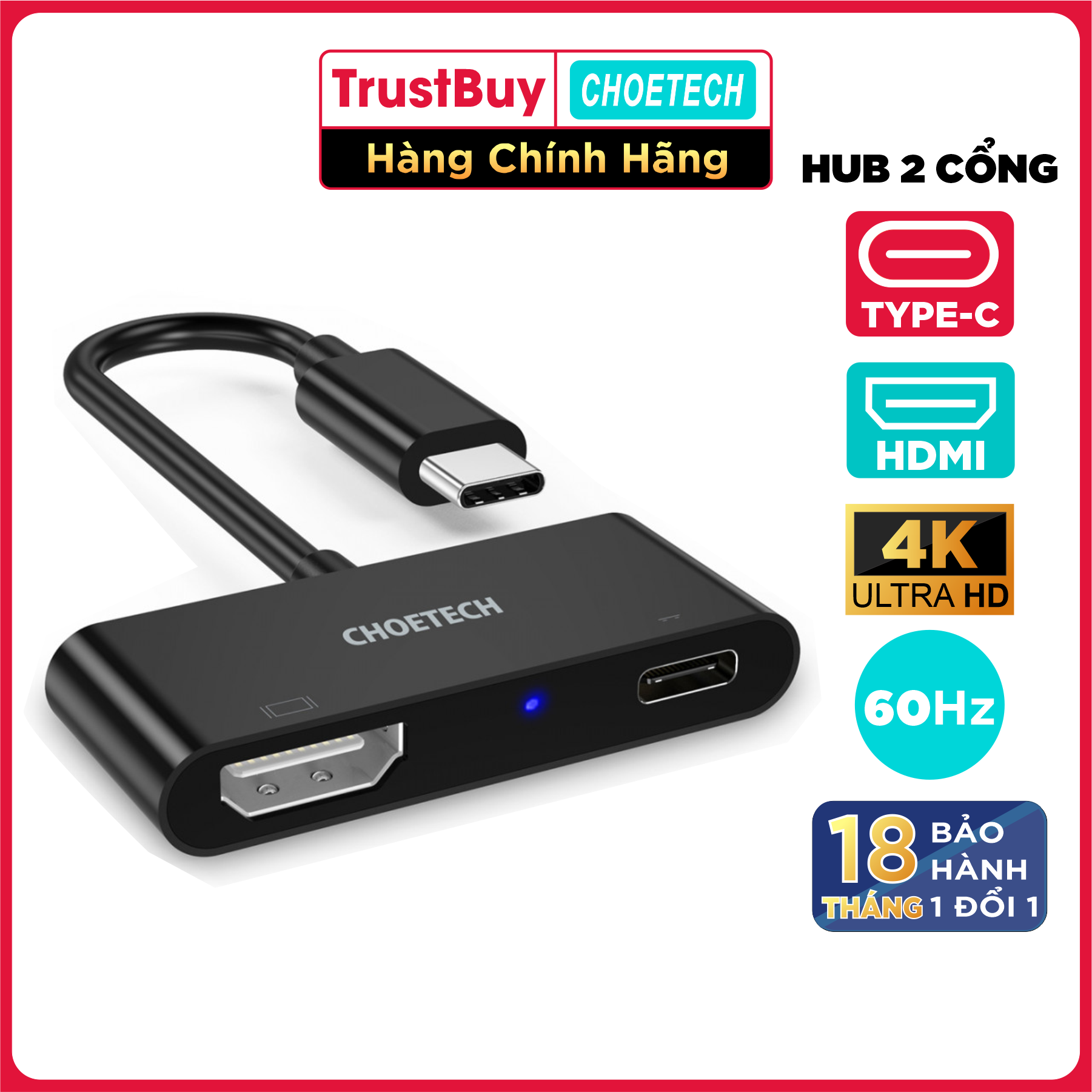 Hub Type C To HDMI 4K 60Hz Và 1 Cổng Type C PD 60W CHOETECH HUB-M03 - Hàng Chính Hãng