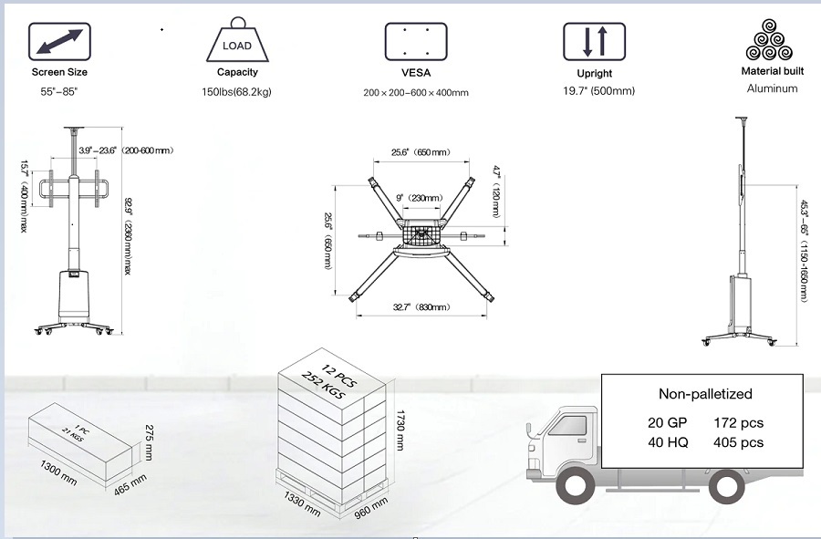 Giá treo tivi di động Remote TW85 (55 inch - 85 inch), Nâng hạ tự động - Hàng chính hãng