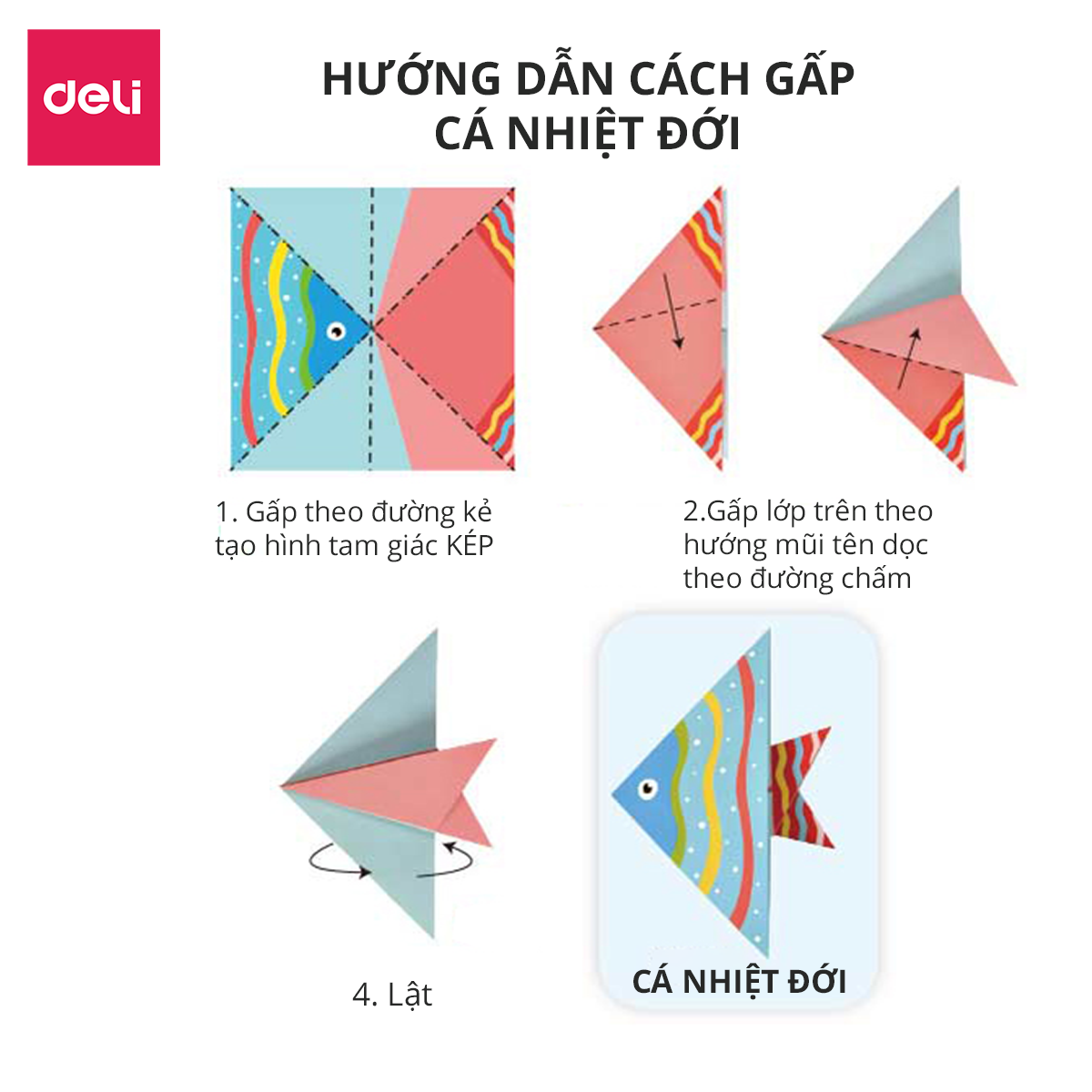 Combo 100 tờ giấy origami thủ công Deli hoạ tiết in sẵn - Kèm hướng dẫn sử dụng - Gấp hạc, hoa, động vật, ô tô, nhà cửa - Giúp các bé thỏa sức sáng tạo - 74817 / 74818