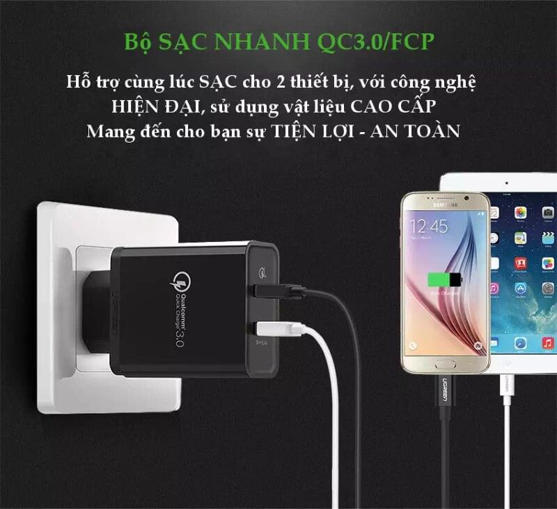 Ugreen UG30599CD132TK 30W màu Đen Củ sạc nhanh 2 cổng USB chuẩn QC 3.0 + 2.4A - HÀNG CHÍNH HÃNG