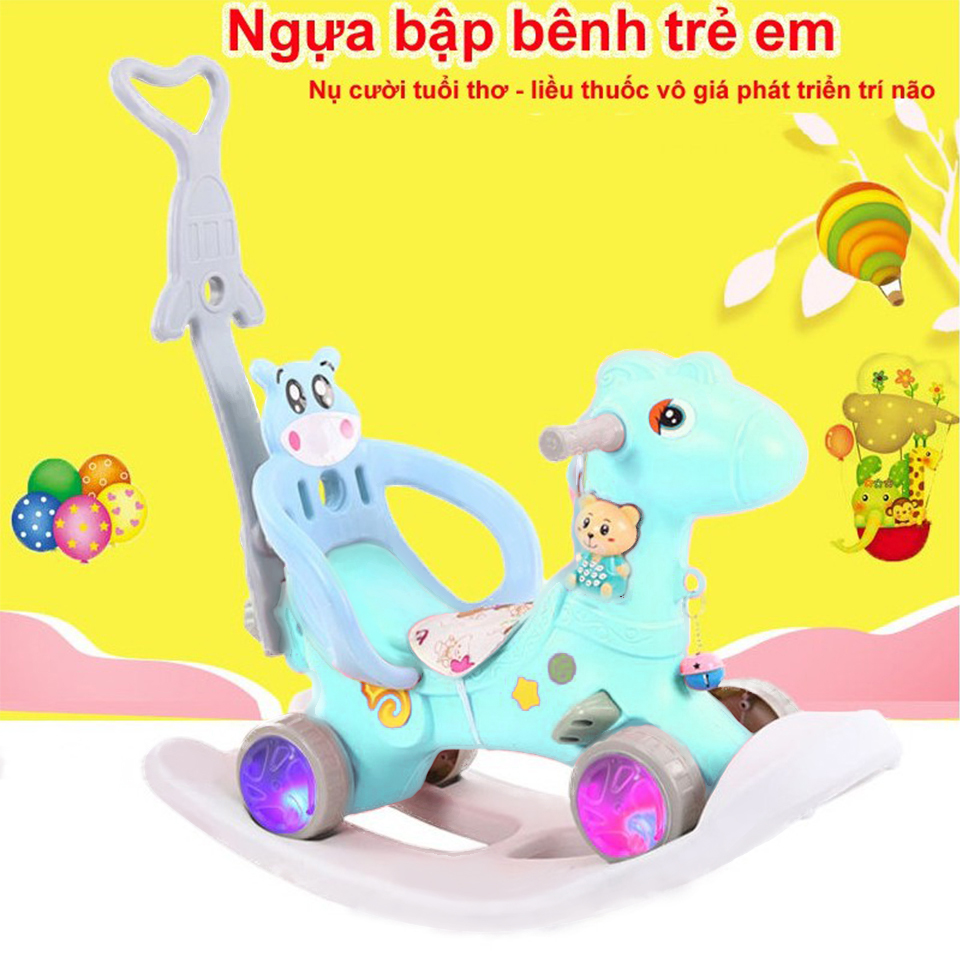 Ngựa bập bênh cho trẻ từ 1 tuổi đến 5 tuổi - có bánh xe phát sáng và tay đẩy - Xanh