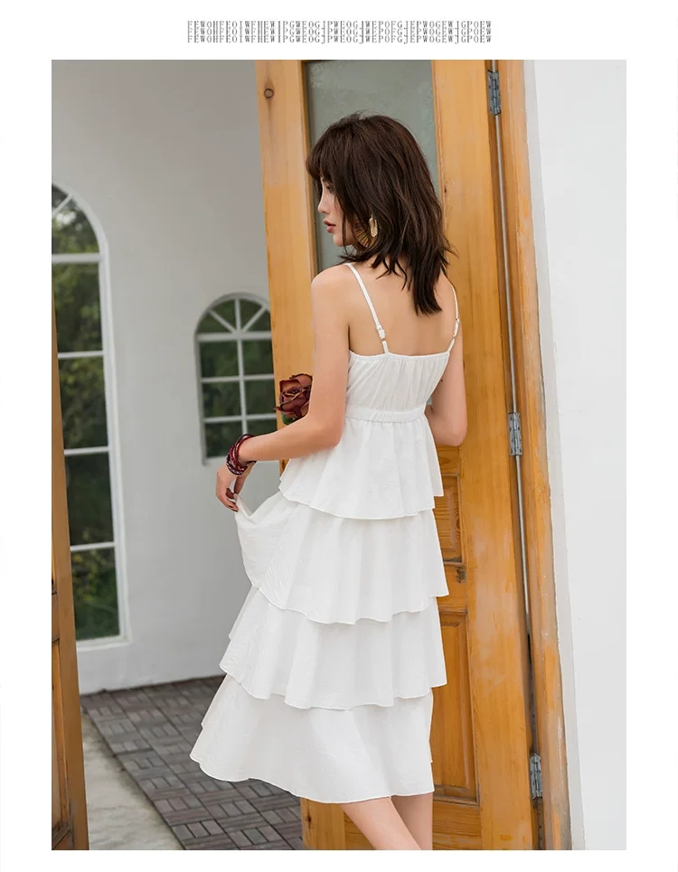 Đầm xòe midi 2 dây 4 tầng màu trắng tiểu thư vintage