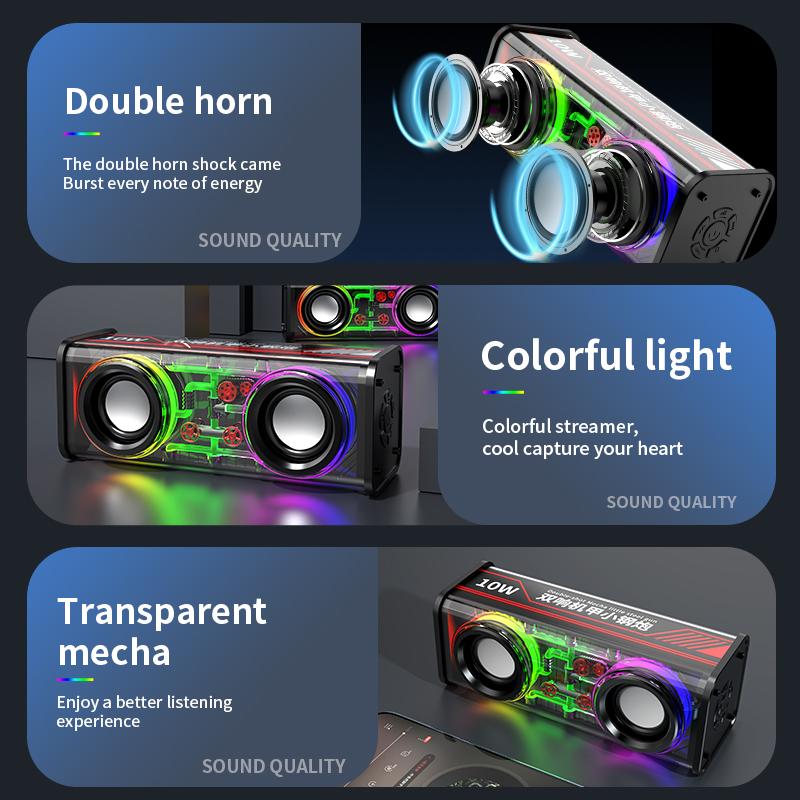 2023 Mới V8 Loa cơ hai sừng trong suốt Loa siêu trầm di động ngoài trời Bass Loa BT 5.0 không dây có đèn LED RGB Màu sắc: Đen