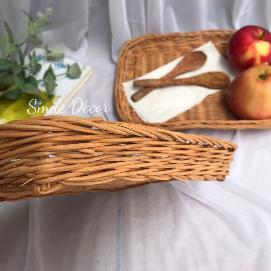 Khay mây chữ nhật màu nâu Smile Decor đựng đồ ăn, trang trí homestay, cafe, spa