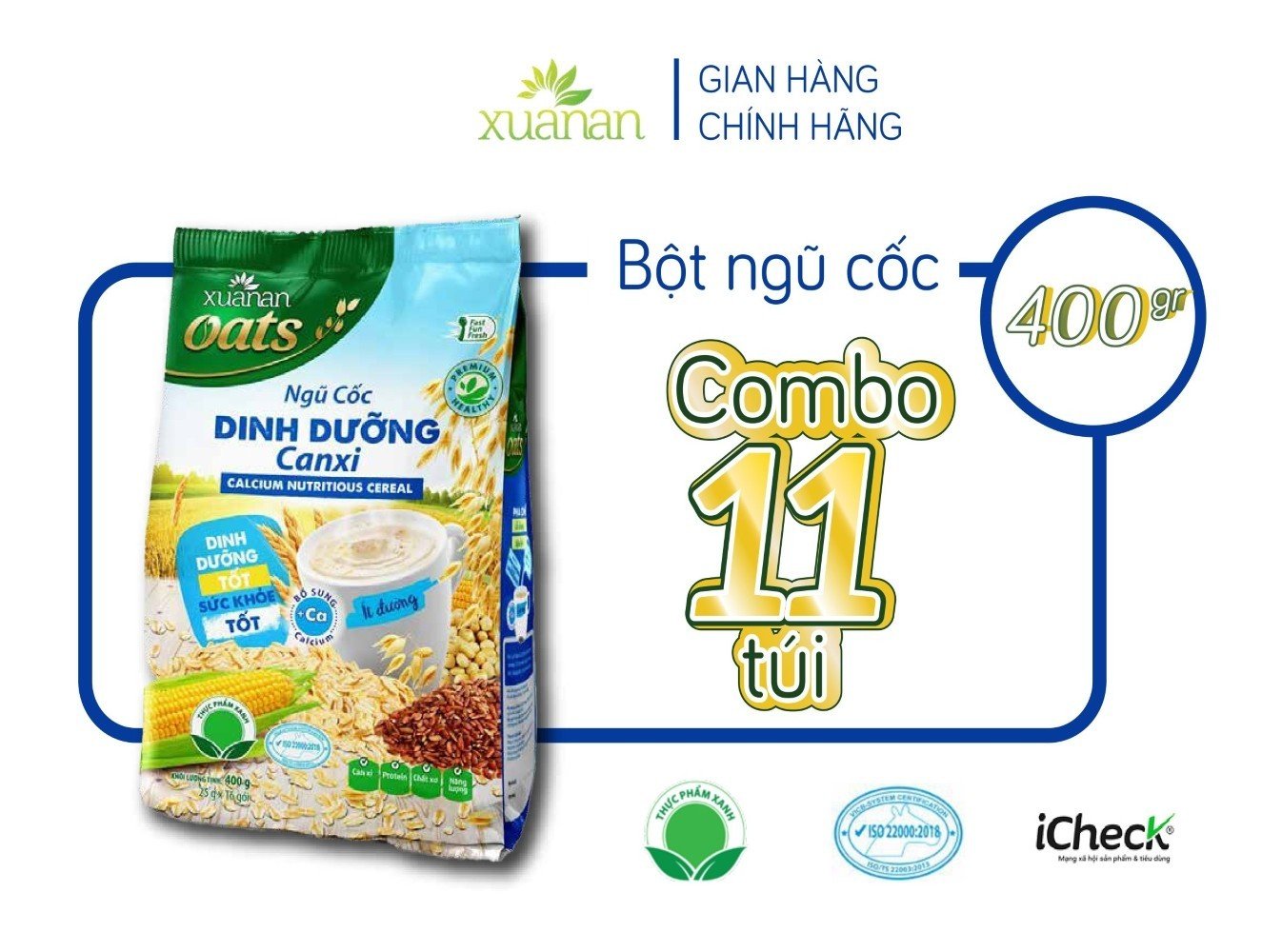 Combo 11 Túi Ngũ Cốc Dinh Dưỡng Canxi Xuân An [ít đường] 400G {25g*16 gói}