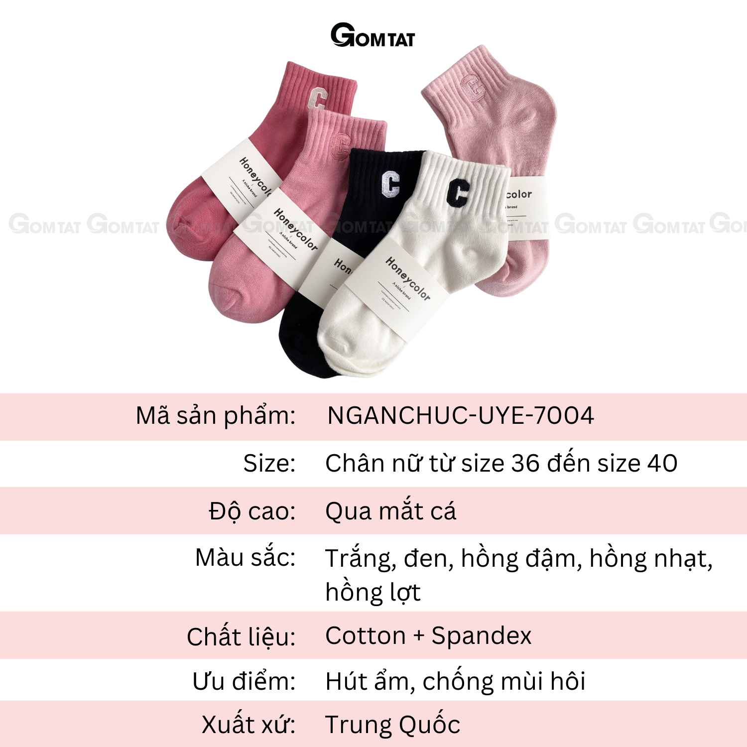 Tất nữ cổ ngắn cao cấp mẫu chữ C, vớ cổ thấp nữ chất liệu cotton mềm mại, thấm hút - NGANCHUC-UYE-7004-1DOI