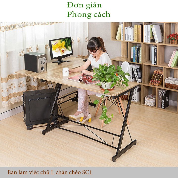 Bàn chữ L gaming dành cho game thủ làm việc, học tập chân chéo SC có ngăn kéo màu Đen, Gỗ - Tặng tấm lót bàn làm việc