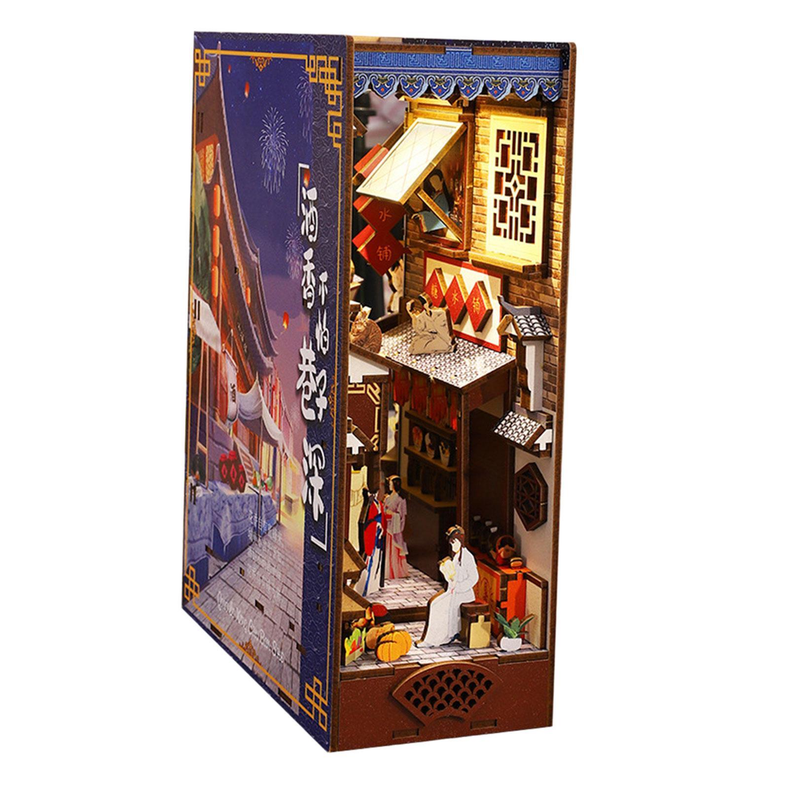 3D Wooden Puzzle Bookend Stand Kit ,DIY Model Miniature Dollhouse Kit unassembled with LED Bookshelf Insert for Gift Boys