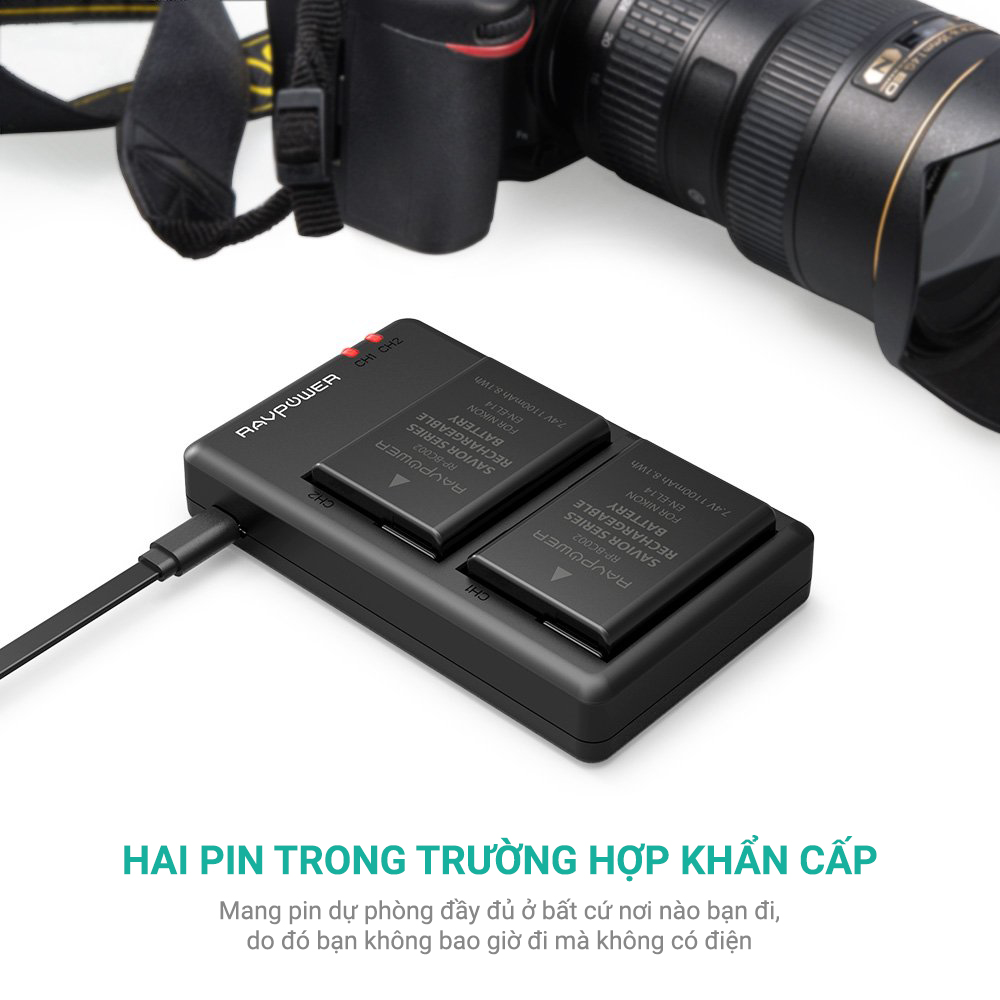 Bộ 2 Pin + 1 Sạc đôi Ravpower EN-EL14 Cho NikoN D3100, D3200, D3300, D3400, D5100, D5200, D5300, D5500, D5600 Coolpix P7000, P7100, P7200, P7700, P7800, P8000 và Nikon DF