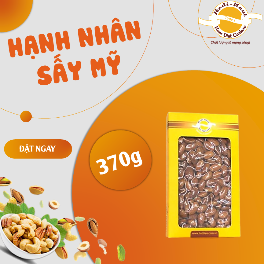 Hạt hạnh nhân sấy Hodi - NaVi - Hộp giấ 370g, hạt dinh dưỡng ăn ngay hoặc làm sữa hạt, làm quà tặng