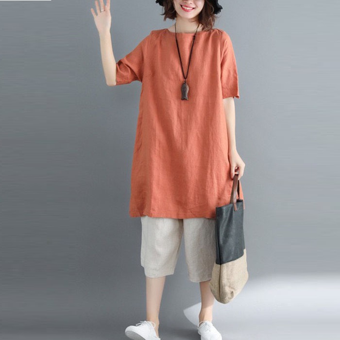 Đầm suông linen cổ tròn tay lỡ Basic, thời trang hè thu 2021