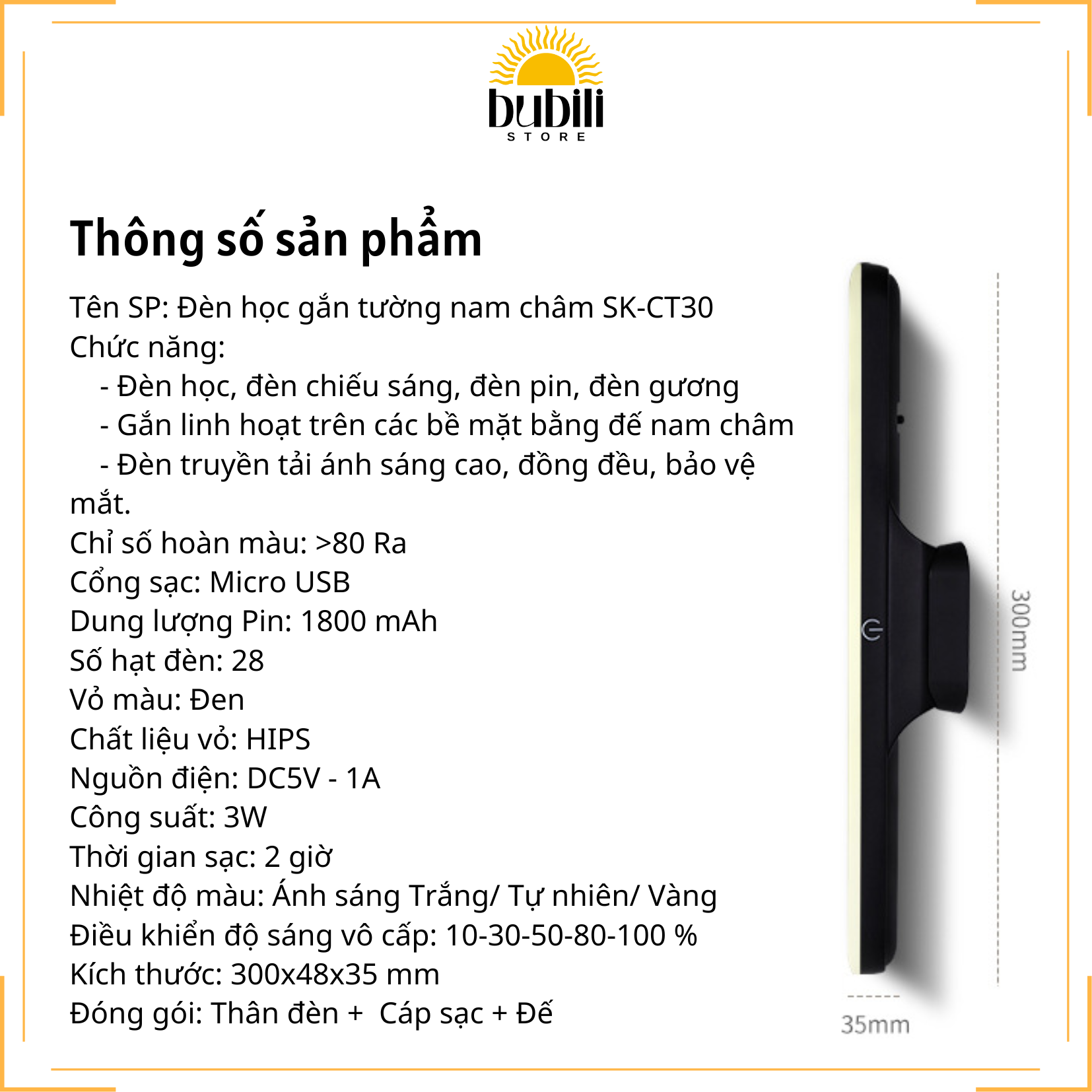 Đèn học gắn Tường đế Nam Châm Sạc Pin 3 Nhiệt Độ Màu Điều Chỉnh Độ Sáng Vô Cấp