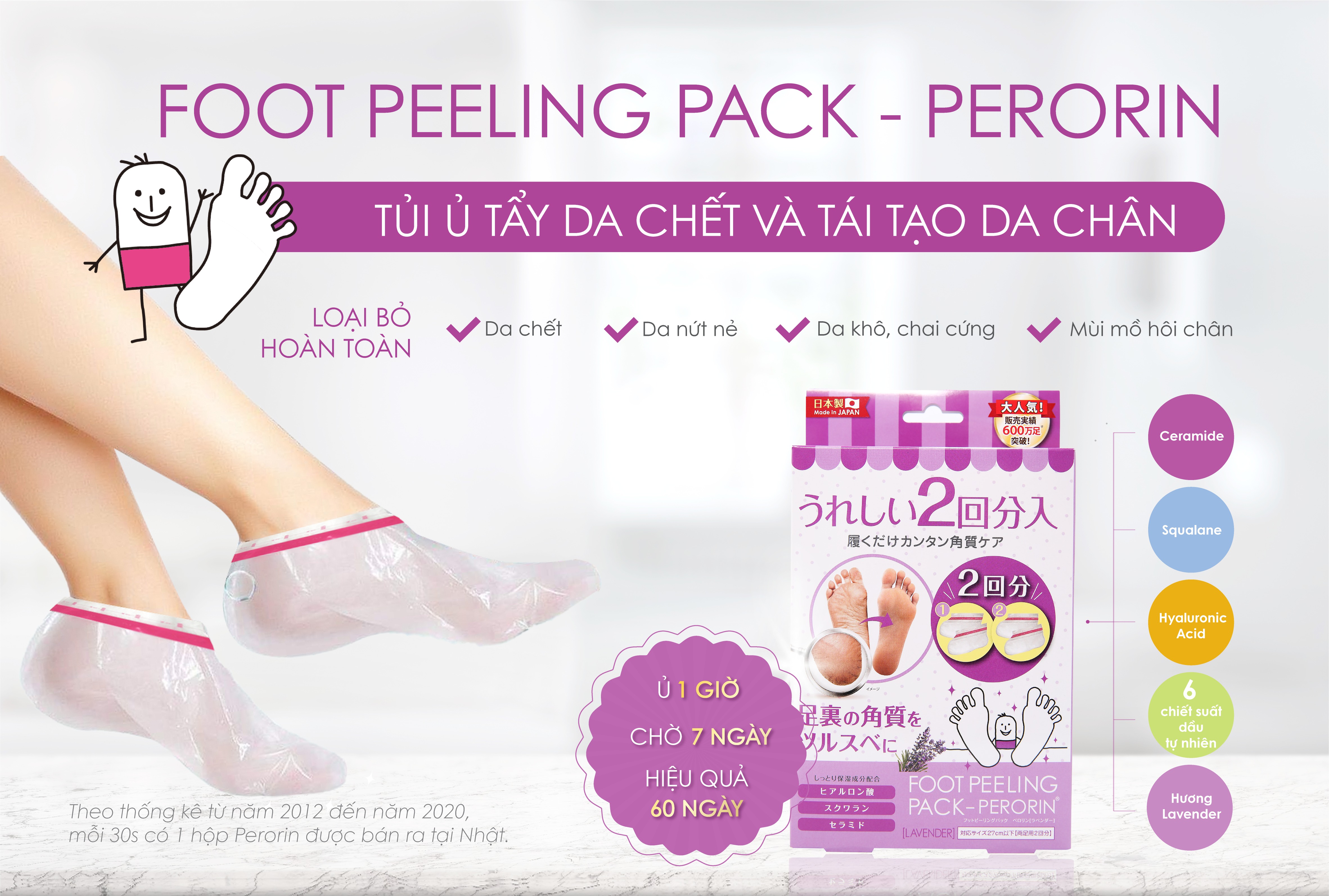 1 Cặp Ủ Tẩy Tế Bào Chết Dưỡng Ẩm Da Bàn Chân PERORIN - Nhật Bản (Hương Lavender)