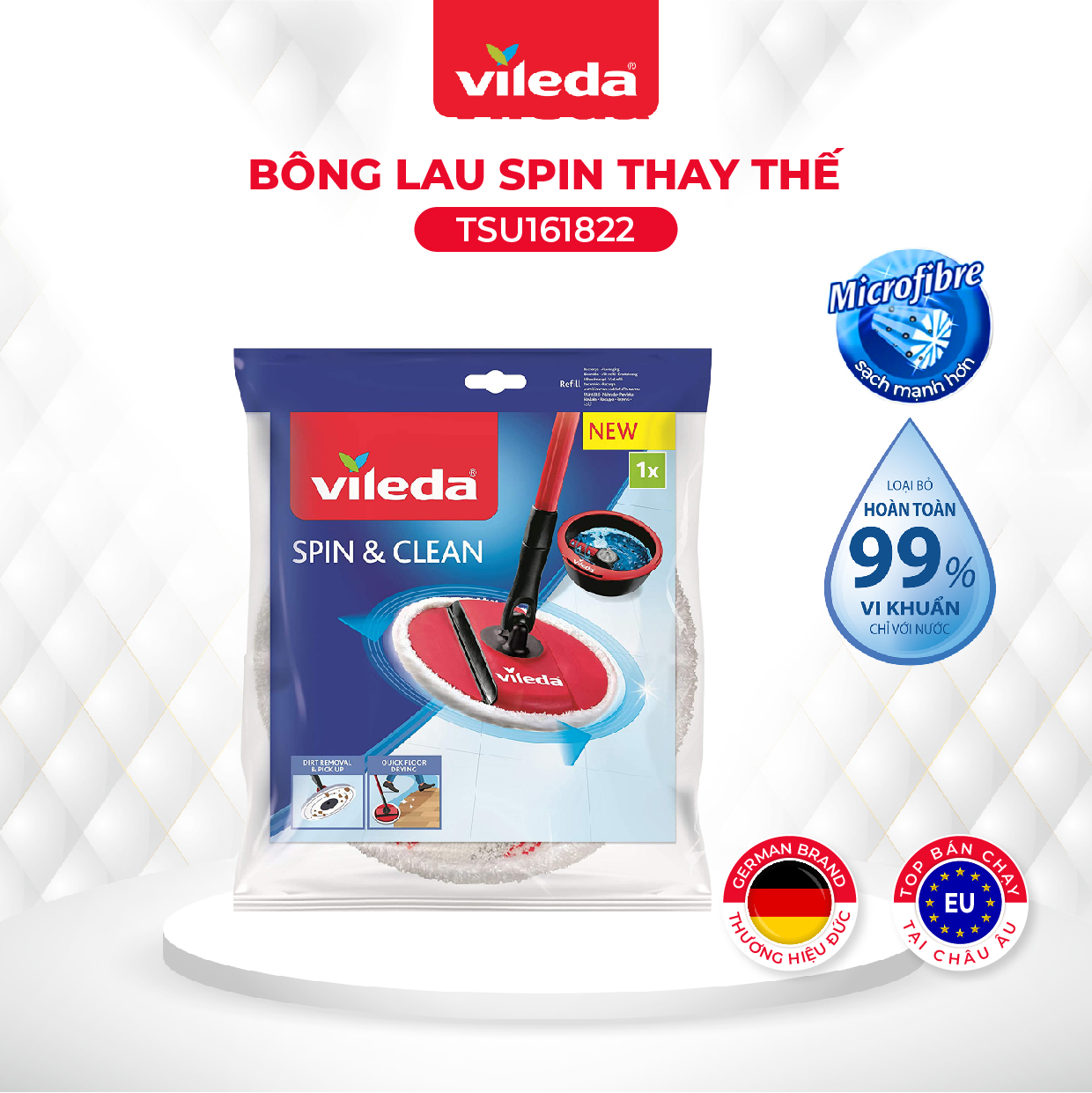 Bông lau thay thế cây lau nhà VILEDA Spin&Clean có thể tái sử dụng, công dụng diệt khuẩn 99%