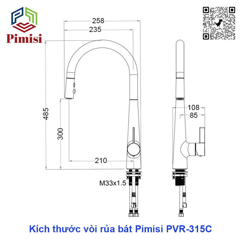 Vòi Rửa Chén Nóng Lạnh Dây Rút Pimisi PVR-315C Inox 304 Mạ Sáng Bóng, Gắn Chậu Rửa Bát 1-2-3 Hố Trong Nhà Bếp Với Đầu Vòi 2 Chế Độ Tăng Áp Nhẹ Và Dây Rút Dài Mềm, Chỉnh Nhiệt Bằng Gật Gù Cho Vòi Rửa Bát Đặt Âm - Dương Bàn Đá | Hàng Chính Hãng