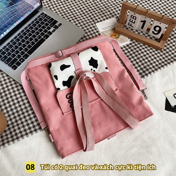 Túi đeo chéo BH Kids họa tiết Bò Sữa, phiên bản Hàn Quốc; vải Canvas, đựng vừa máy tính bảng, sách A4 - CH123