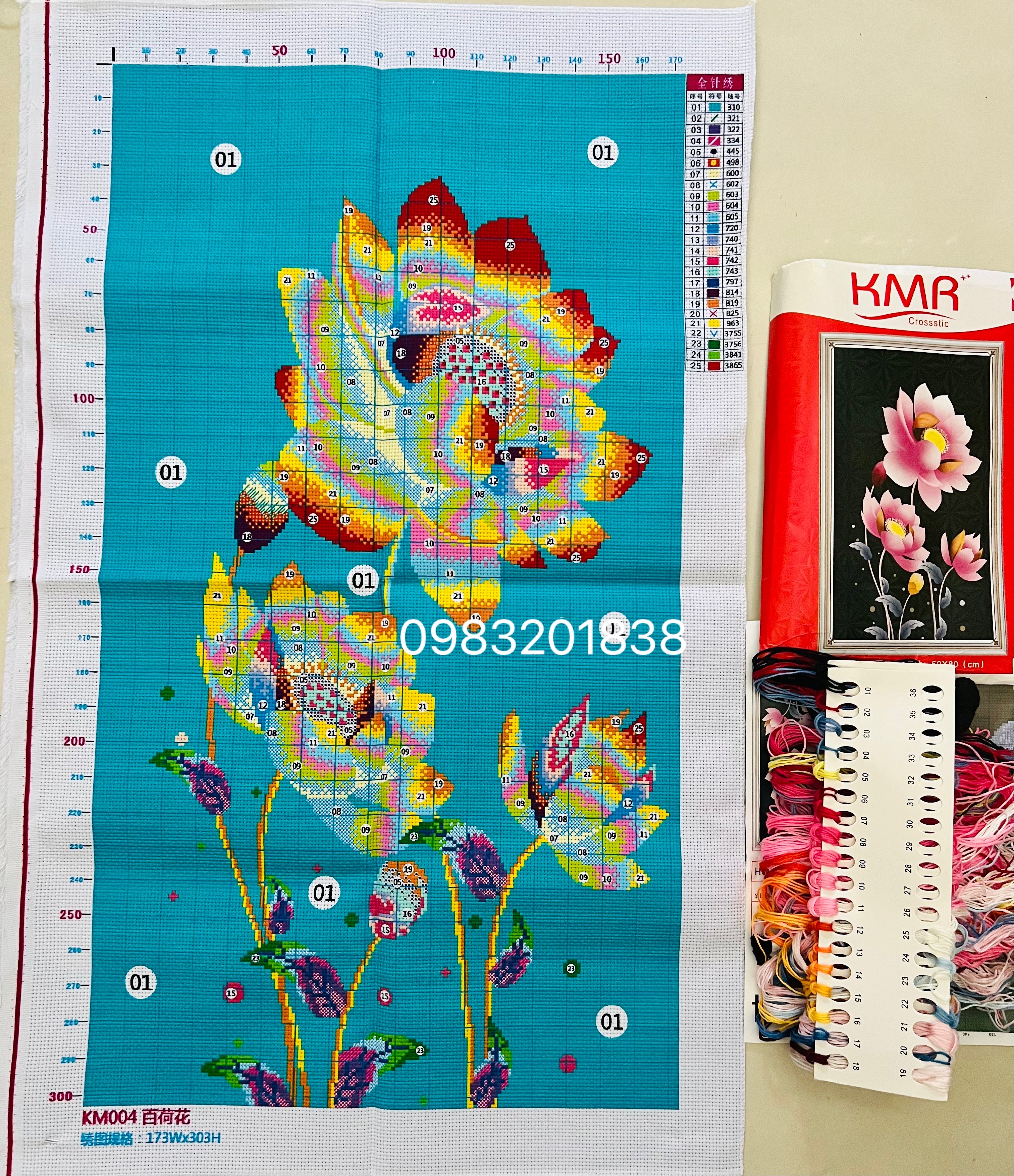 Tranh thêu kín Hoa sen hồng nền đen KM004, kích thước 50 x 80 cm