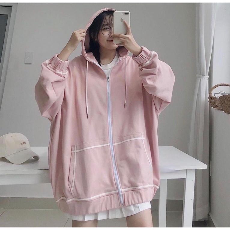 Áo Khoác Nỉ Khóa Dây Kéo Form Rộng Viền Trắng Ulzzang Unisex