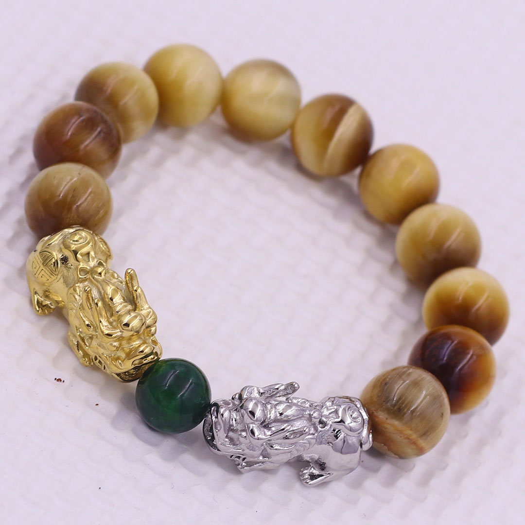 Vòng chuỗi đeo tay đá mắt hổ vàng 12 ly charm tỳ hưu đôi inox trắng và vàng, vòng chuỗi phong thủy, charm tỳ hưu, vòng tay hạt chuỗi