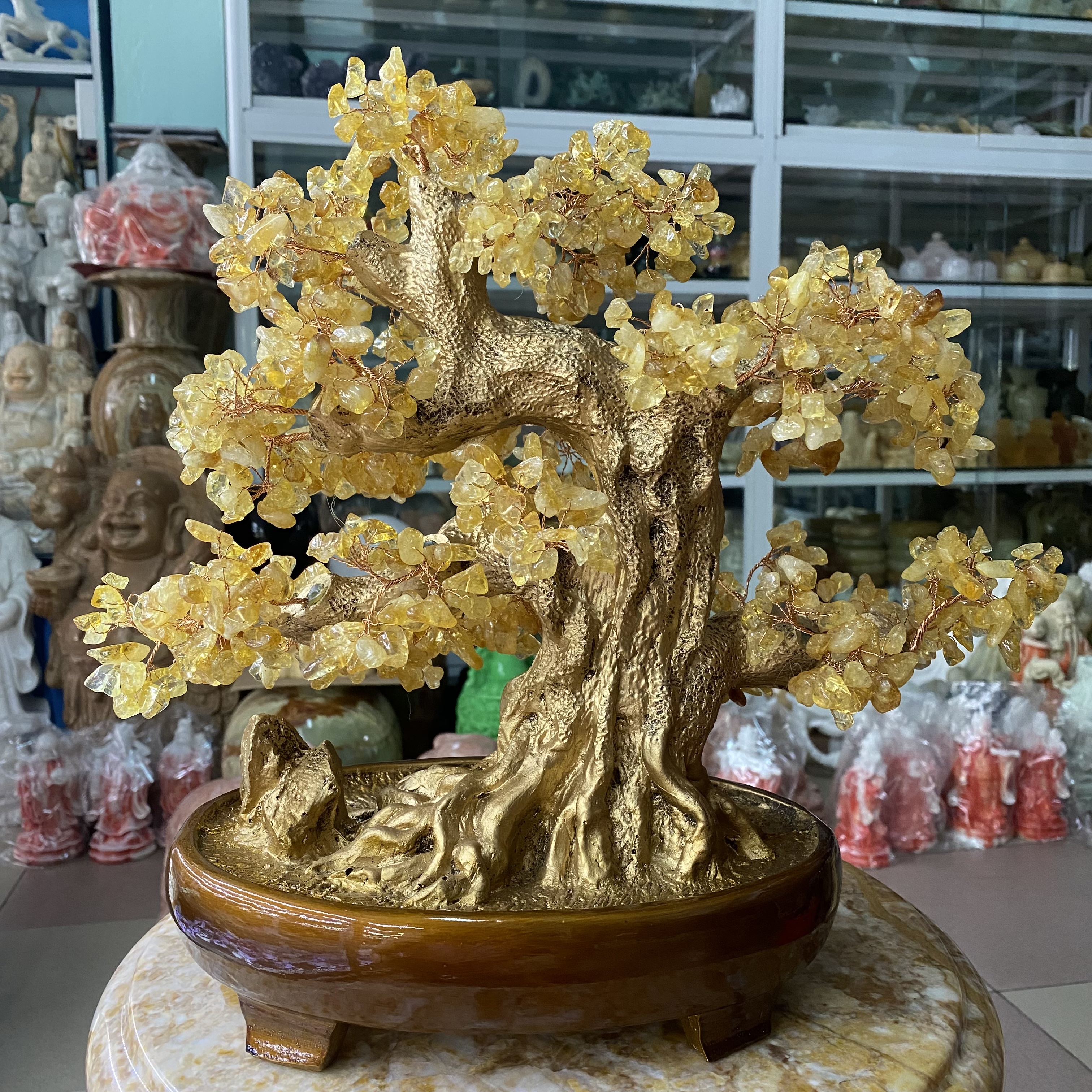 Cây Tài Lộc Bonsai Phong Thuỷ Đá Thạch Anh Vàng - cao 37cm