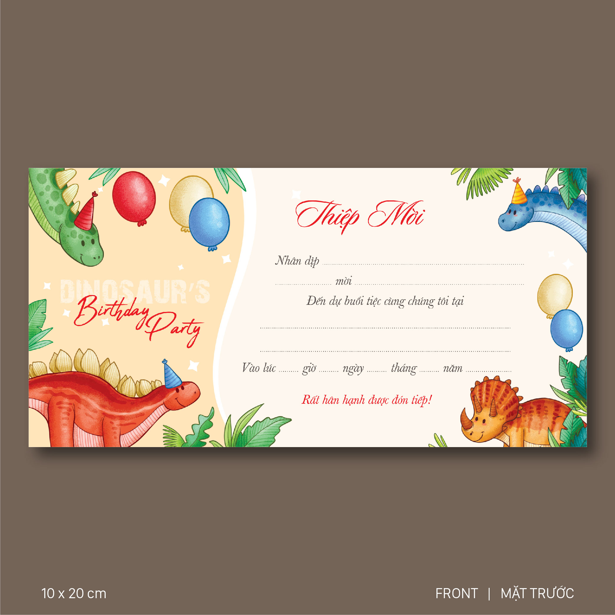 Bộ 10 Thiệp Mời Sinh Nhật Khủng Long 10x20 cm