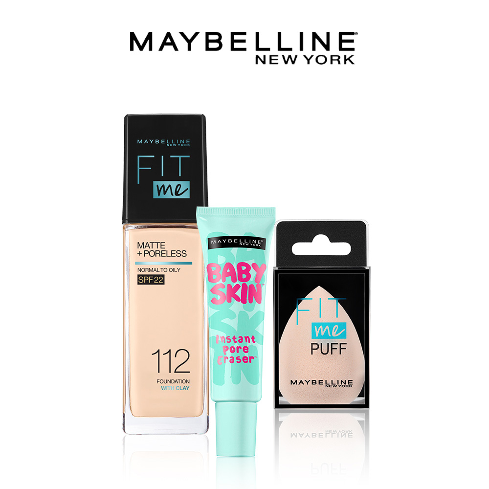 Bộ Trang Điểm Kem nền kiềm dầu chống nắng Fit Me, kem lót mịn da Baby Skin &amp; mút tán nền cao cấp Maybelline New York - 112 NATURAL IVORY