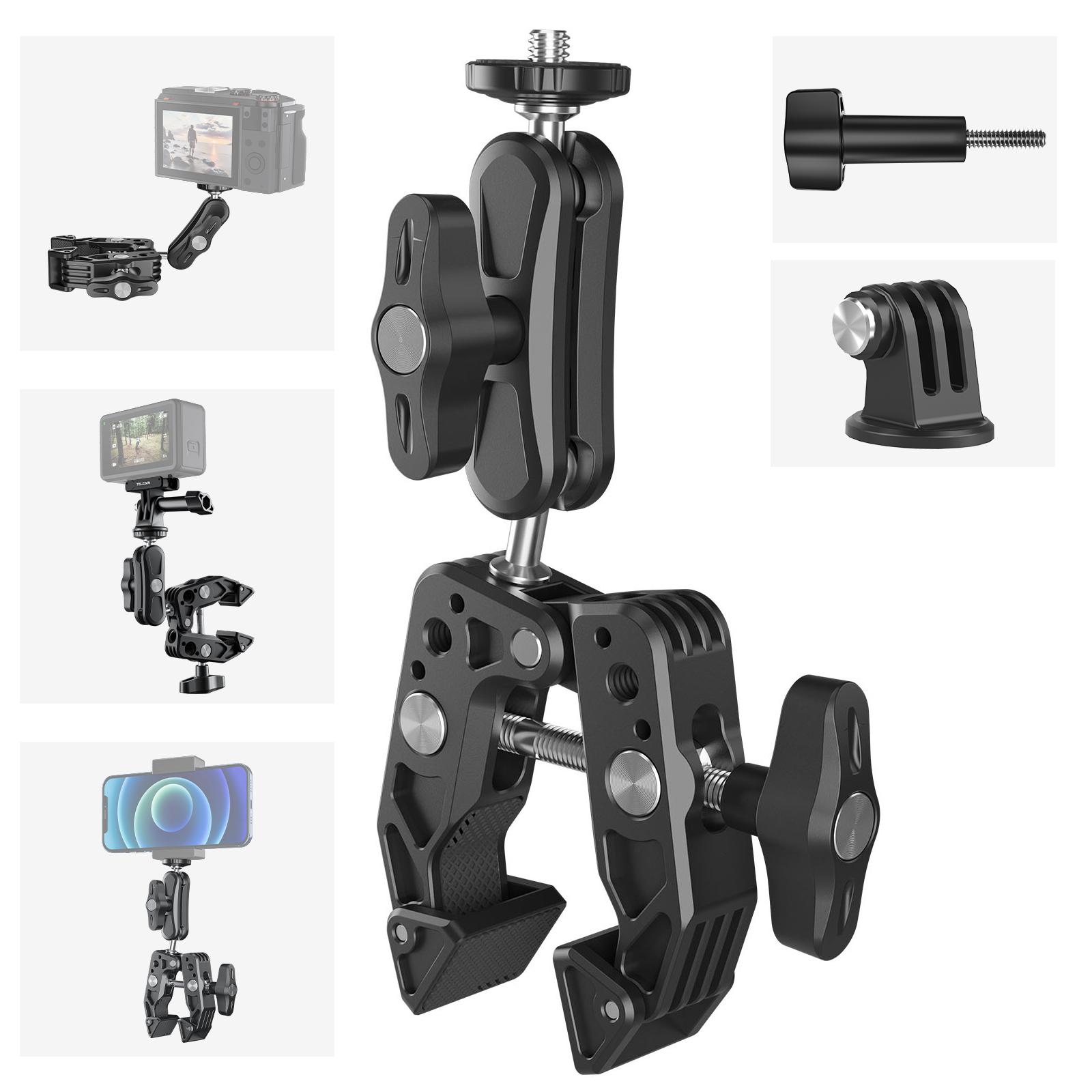 Kim kẹp siêu nhôm của Telesin với cánh tay ma thuật gấp đôi 360 ° cho GoPro Insta 360 x3 DJI Aciton 3 Camera hành động điện thoại di động