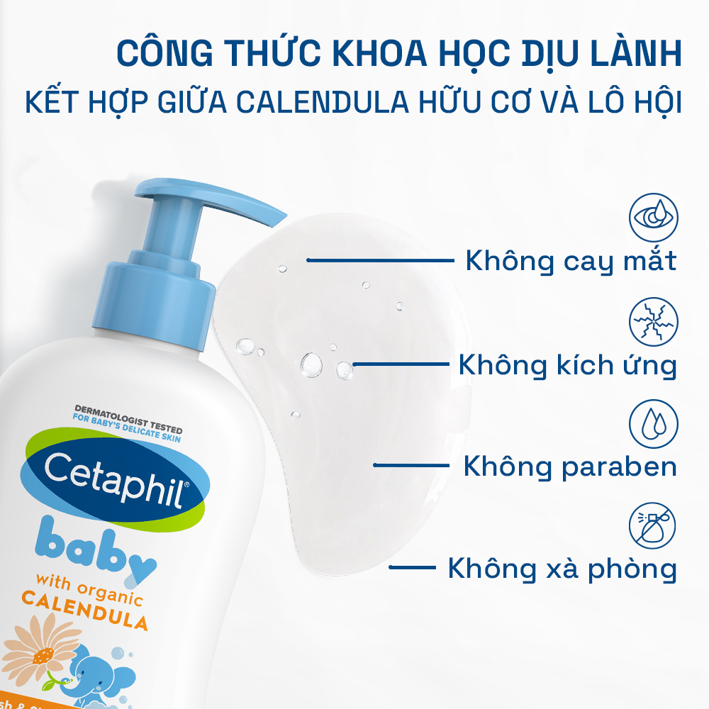 Combo Sữa tắm gội Cetaphil Baby W&S with Organic Calendula 400ml + Sữa dưỡng thể Cetaphil Baby with Organic Calendula 400ml