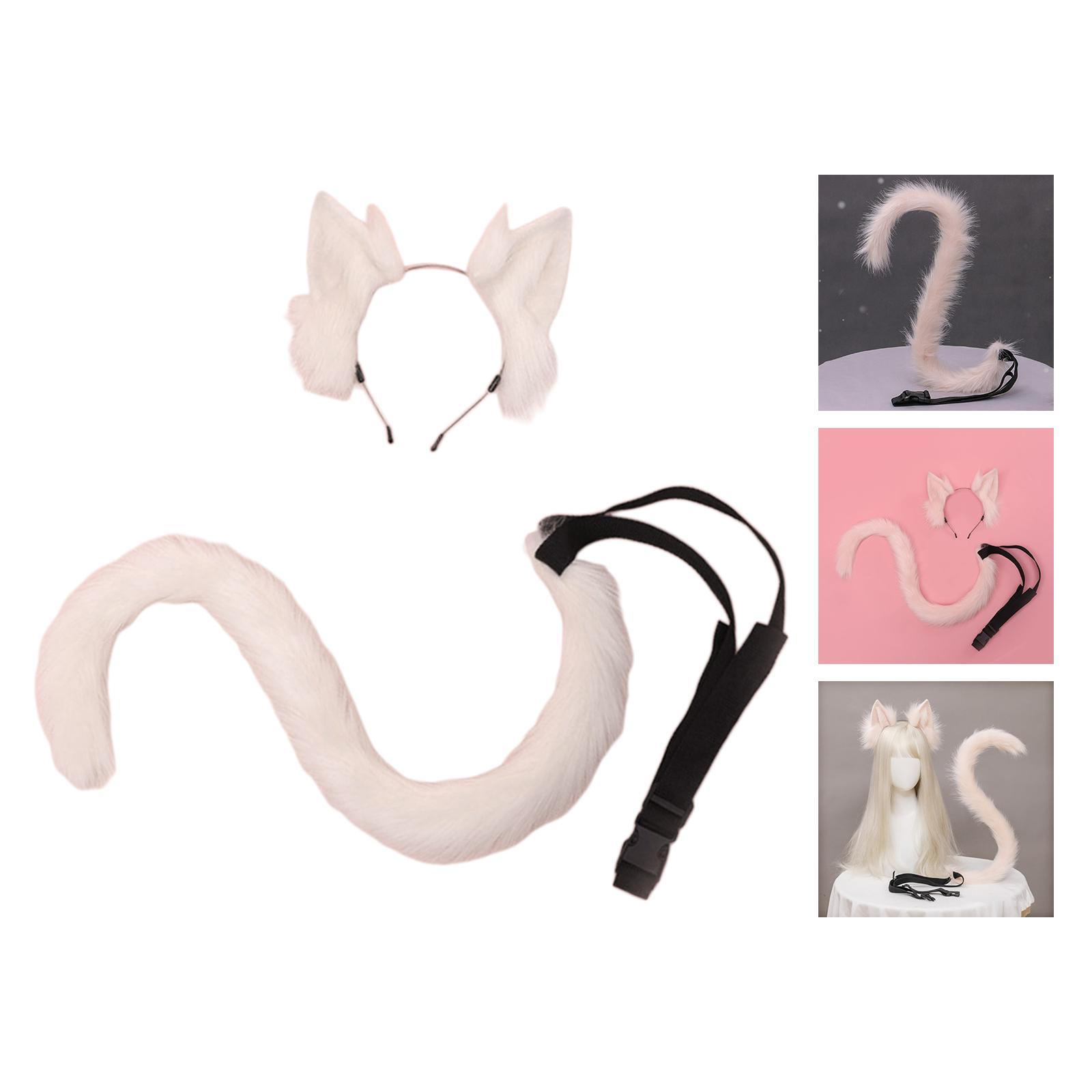 2 Pieces Plush Cat Ears Hair Hoop Faux Long Tail Women Girl Headwear Lovely Lolita Headband for Anime Cosplay Prop Christmas Fancy Dress