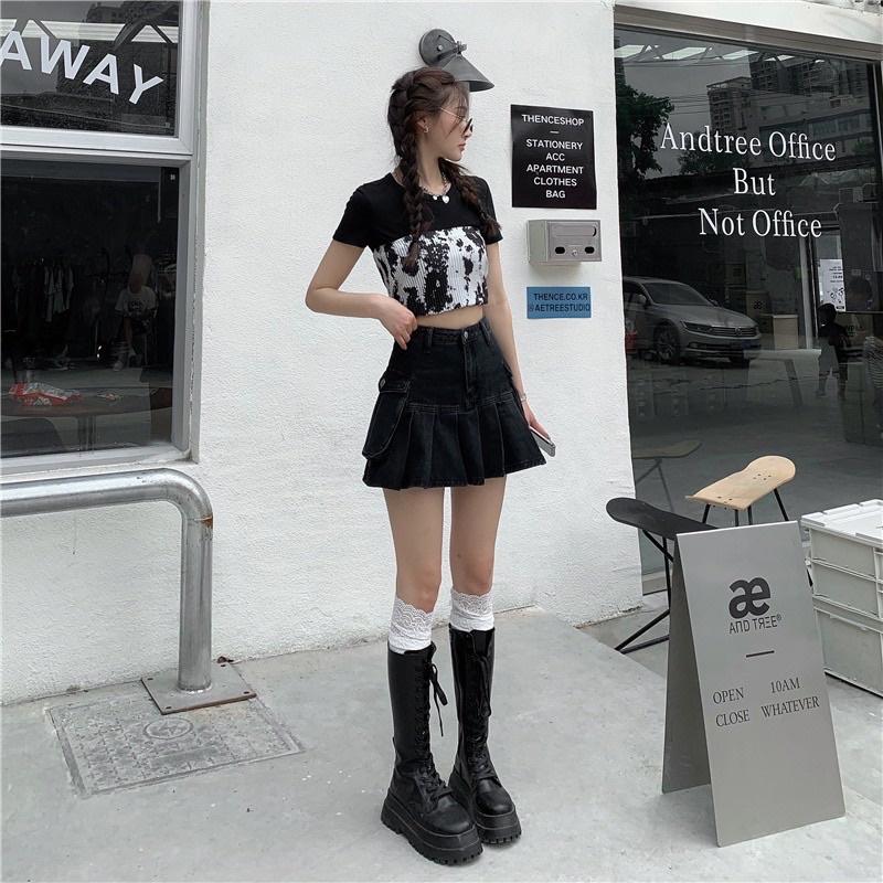 (SẴN L, XL) CHÂN VÁY JEAN XOÈ XẾP LY PHONG CÁCH RETRO V6