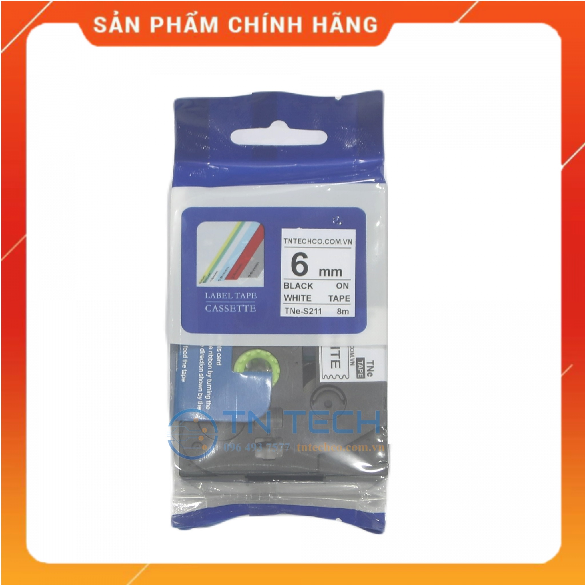 Nhãn In TNE-S211 - Đen nền trắng 6mm x 8m - Dùng cho máy in BROTHER - AIMO - PUTY [Hàng nhập khẩu]