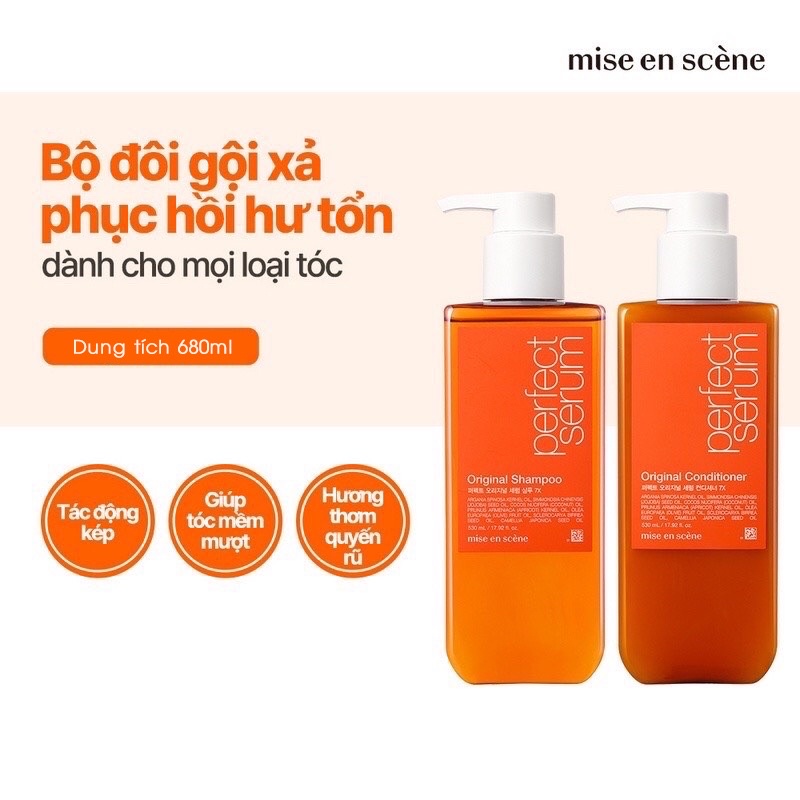 Cặp Dầu gội và dầu xả Mise En Scene Perfect Serum Hàn Quốc 680ml-màu cam phục hồi tóc hư tổn