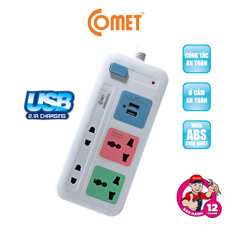 Ổ Cắm Nối Dài Cổng USB Comet CES4223 2500W dây dài 3m, 4 lỗ cắm, 2 cổng sạc USB, 1 công tắc