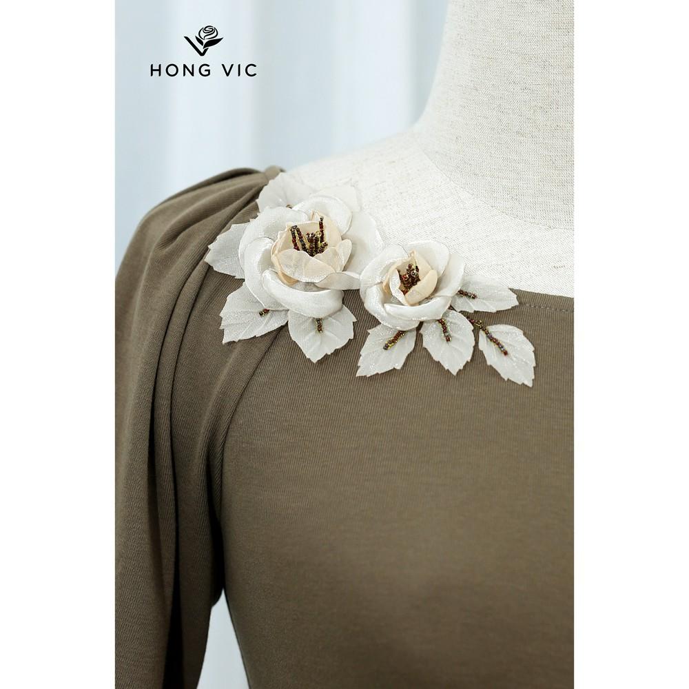 Áo nữ thiết kế Hongvic cotton rêu tay ráp lăng SM244