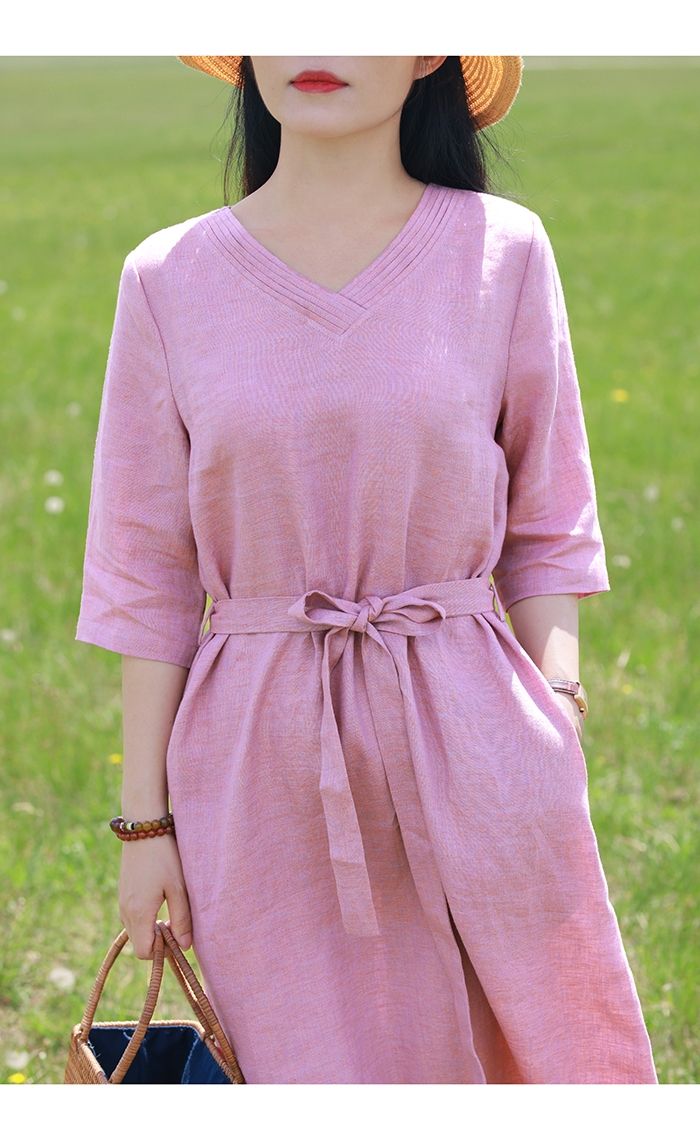 Đầm linen dáng suông, váy linen nữ cổ tim ngắn tay trơn basic, chất liệu linen mềm mát mặc hè Đũi Việt