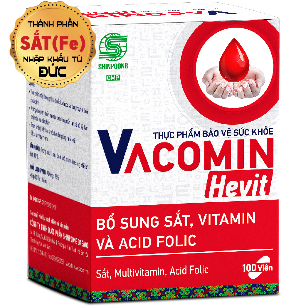 Viên Uống Bổ Sung Sắt (Fe) Cho Người Có Nguy Cơ Thiếu Máu | Kết Hợp Acid Folic, Vitamin C, E, B6 - TPCN Shinpoong Vacomin Hevit Hộp 100 Viên