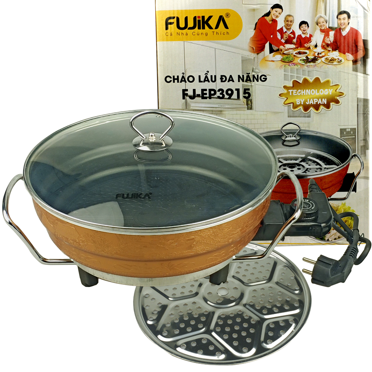 Chảo Lẩu Điện Nướng Hấp 3.5L Fujika FJ-3915 Đa Năng Công Suất 1350W Dùng Để Nấu Lẩu,Nướng,Hấp,Chiên,Xào,Kho,Nấu-Hàng Chính Hãng