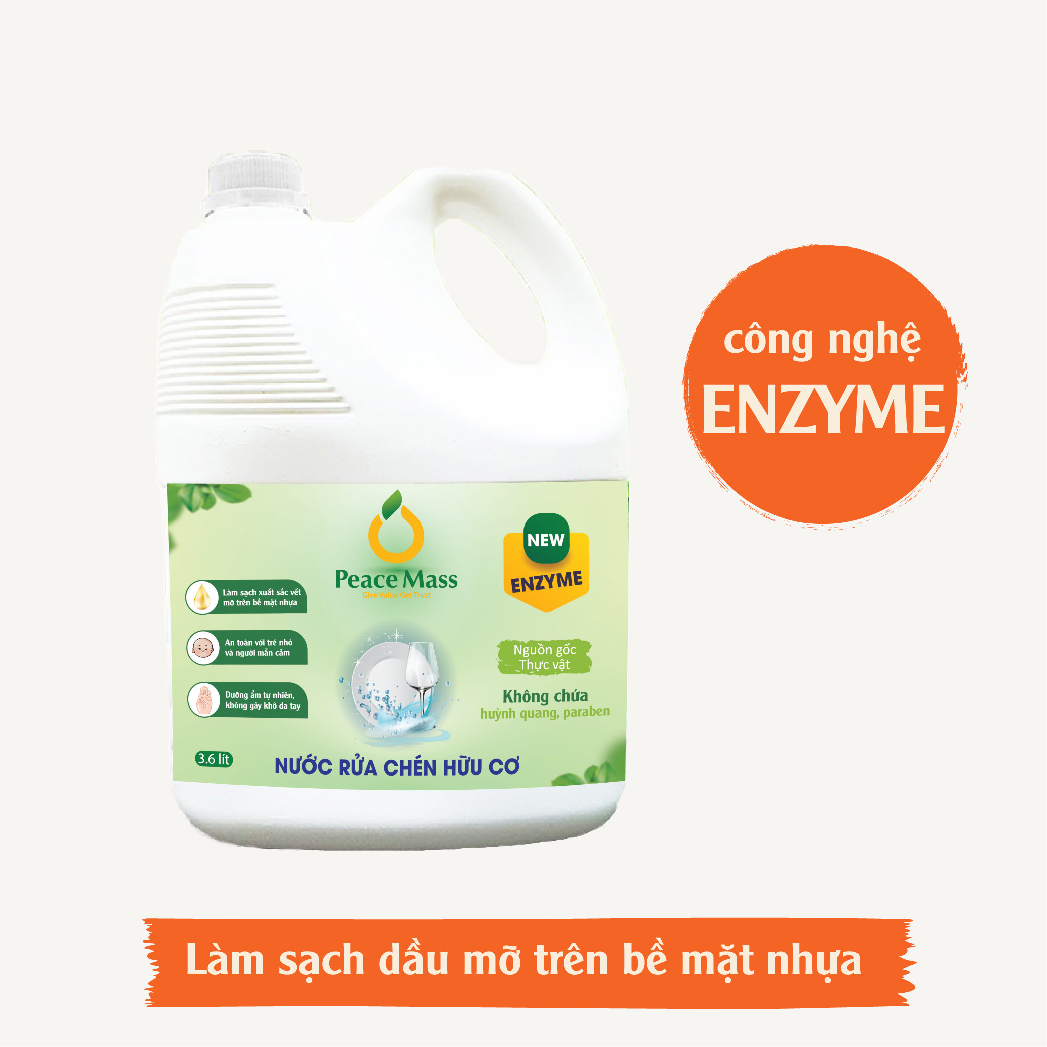 Nước Rửa Chén Gốc Thực Vật Peace Mass Công Nghệ Enzyme Rửa Sạch &amp; Không Lưu Mùi - Can 3.6l (Thuộc nhóm Sản phẩm Lành tính / Hữu cơ)