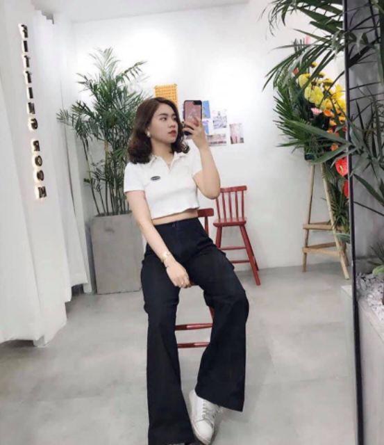 Áo croptop lụa cổ trụ trắng đen xinh đẹp