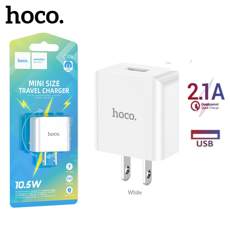 Củ Sạc cho Iphone và Android 1 cổng USB Hoco. C106 sạc nhanh 2.1A-10.5W dòng điện ổn định, an toàn bảo vệ máy - Hàng Chính Hãng