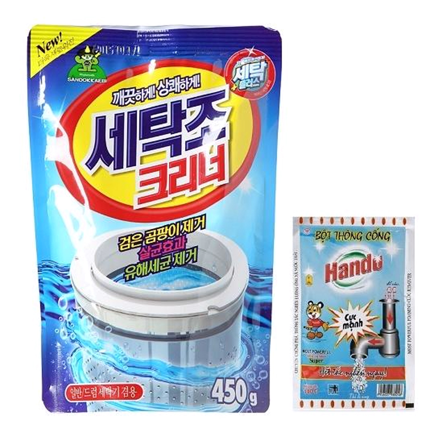 Combo gói bột tẩy vệ sinh lồng máy giặt Hàn Quốc 450g Kèm Bột thông cống Hando 100g nội địa