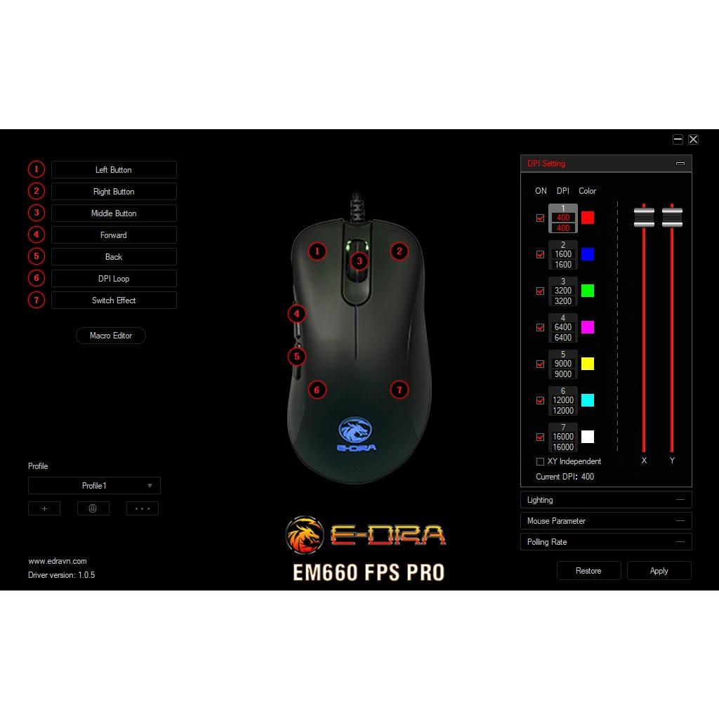 Chuột Gaming E-Dra EM660 Pro FPS ( LED RGB, 16000 DPI, Phần mềm tùy chỉnh ) - Hàng chính hãng