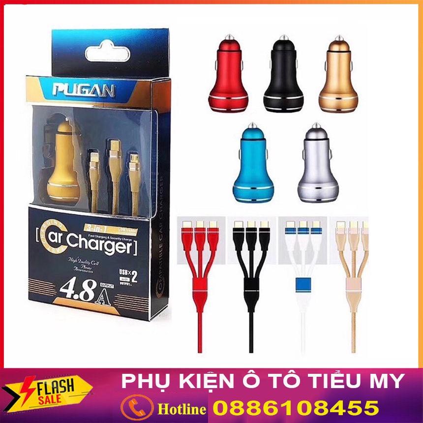 Tẩu sạc Pugan 6A Kèm dây sạc 3 đầu, sạc nhanh điện thoại và thiết bị điện tử, sạc 3 trong 1 cao cấp