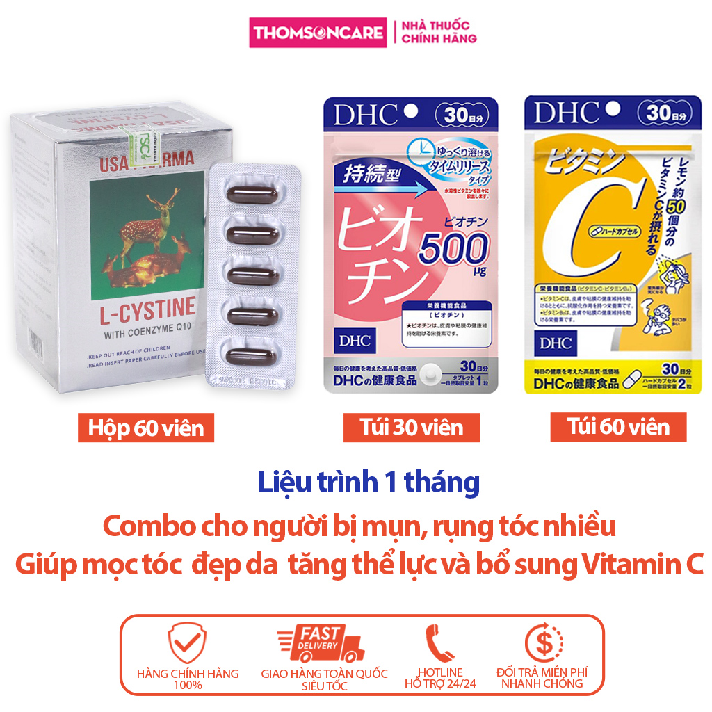Combo Viên uống giúp mọc tóc, đẹp da Lcystine 60v, DHC Biotin 30v, DHC VitaminC 60v - Giúp bổ sung dưỡng chất da và tóc, giúp mọc tóc tăng thể lực và bổ sung Vitamin C