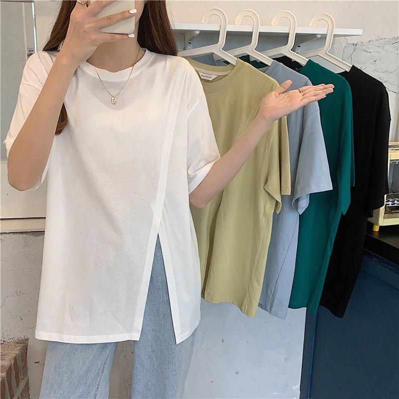 Áo Thun Nữ Cổ Tròn Xẻ Vạt Lệch Dáng Trùm Mông Cá Tính