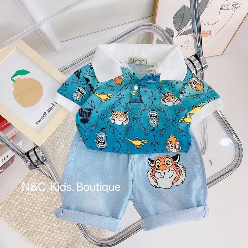 Set áo polo in tràn + quần jean in cho bé 10-20kg